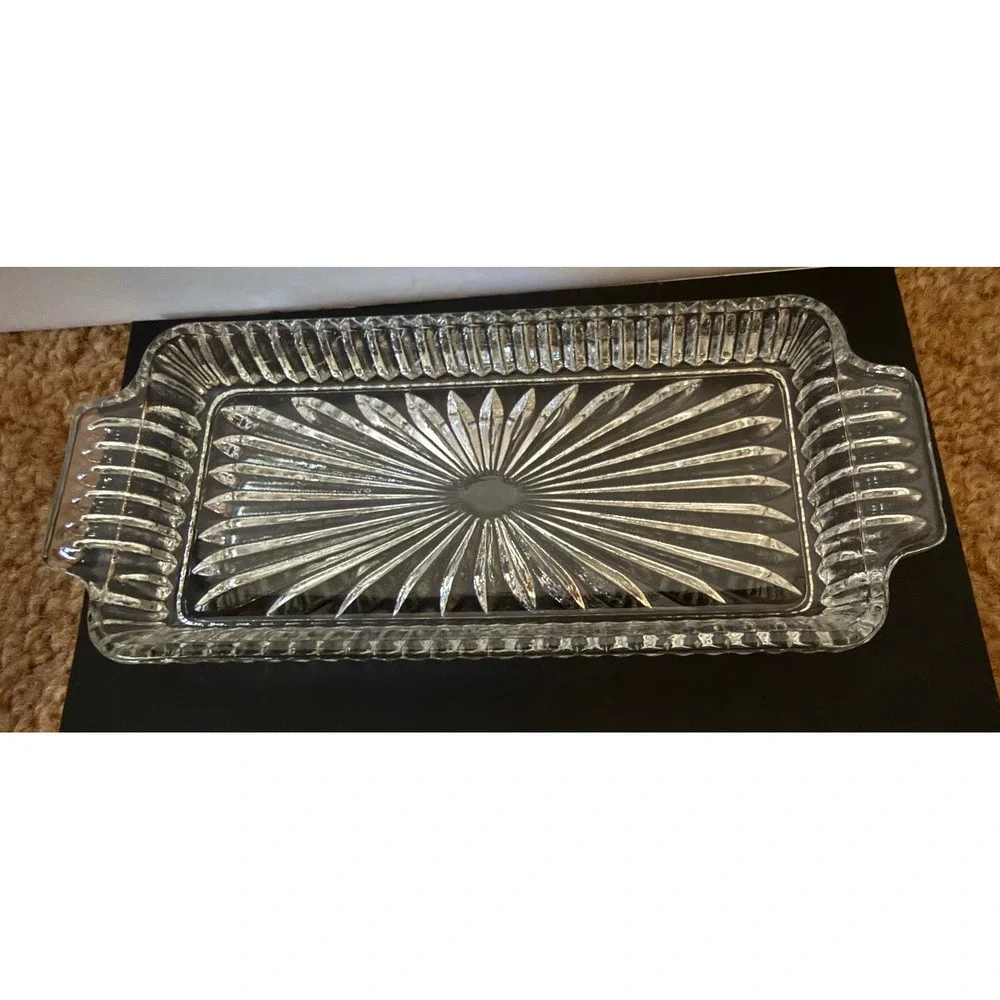 Vintage Mini Clear Pressed Glass Covered Butter Dish Starburst Diamond Pattern
